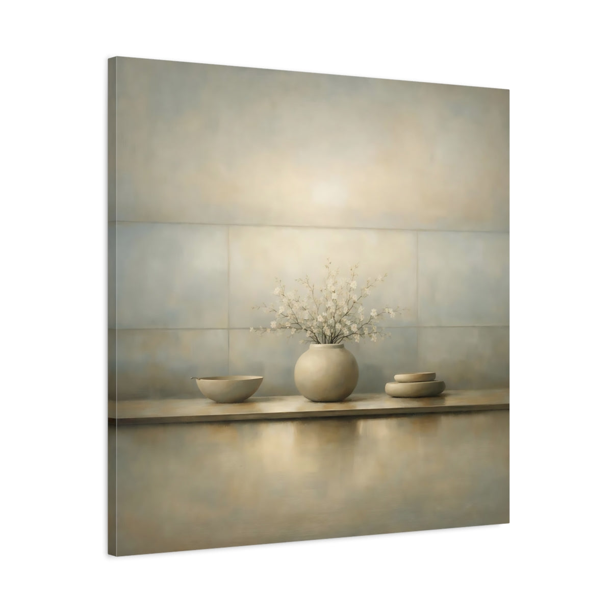 Side Mockup 3. Floral Cherry Blossoms Neutral Still Life shown as stretched canvas wall art