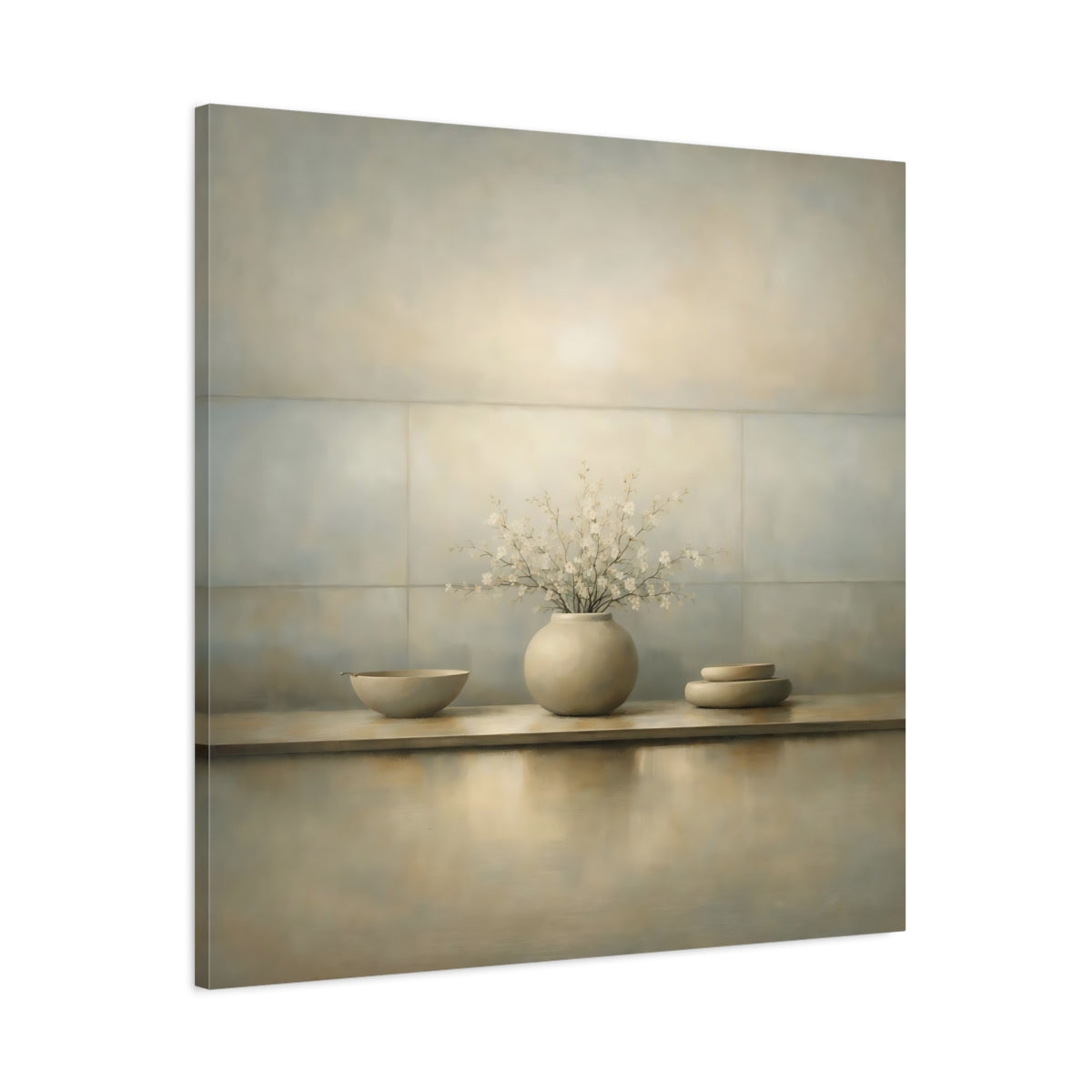 Side Mockup 2. Floral Cherry Blossoms Neutral Still Life shown as stretched canvas wall art