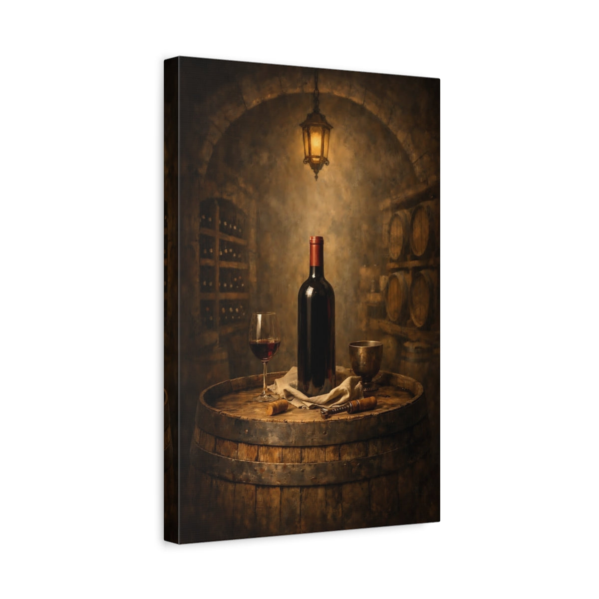 Side Mockup 4. Vintage Wine Bottle Wine Barrel shown as stretched canvas wall art