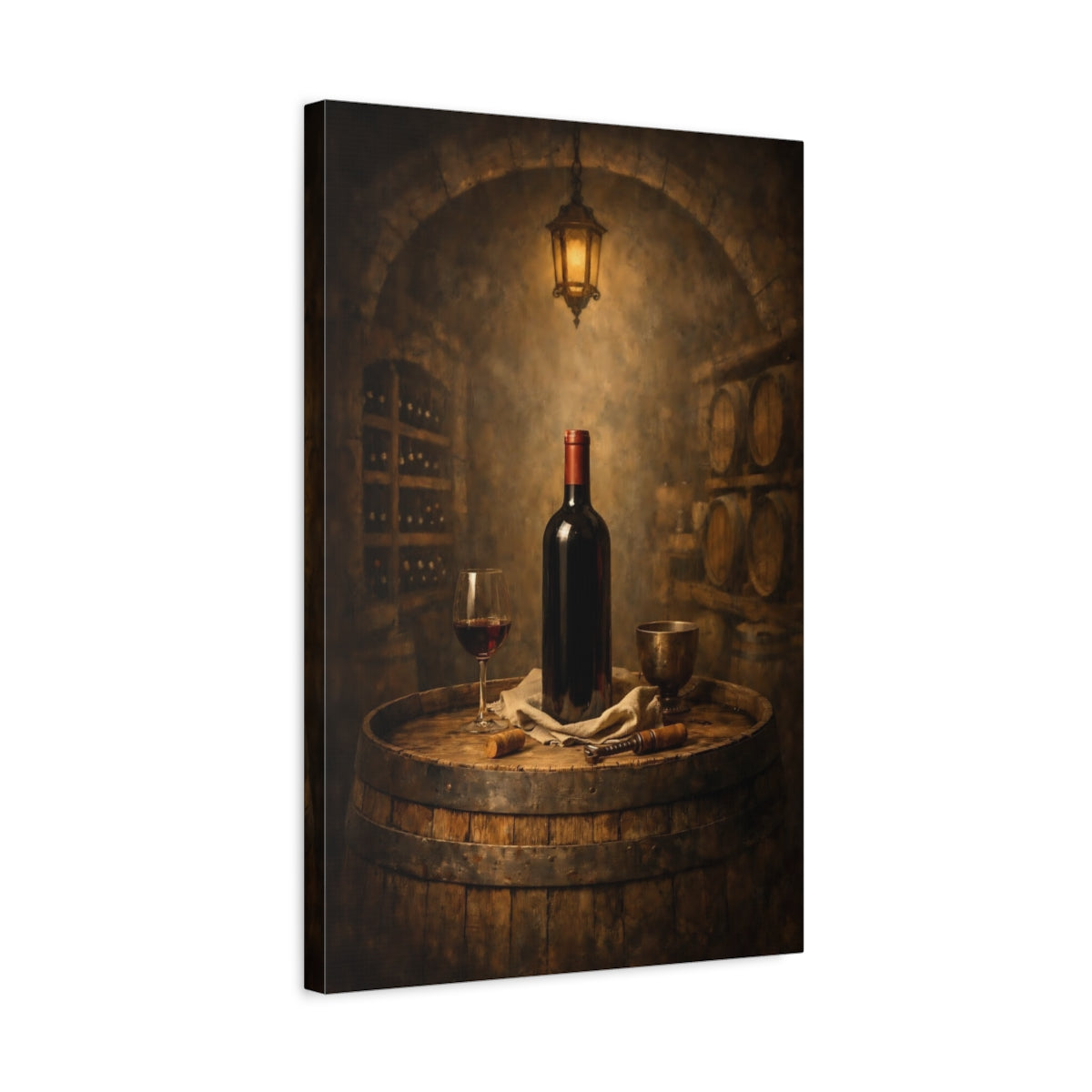 Side Mockup 3. Vintage Wine Bottle Wine Barrel shown as stretched canvas wall art