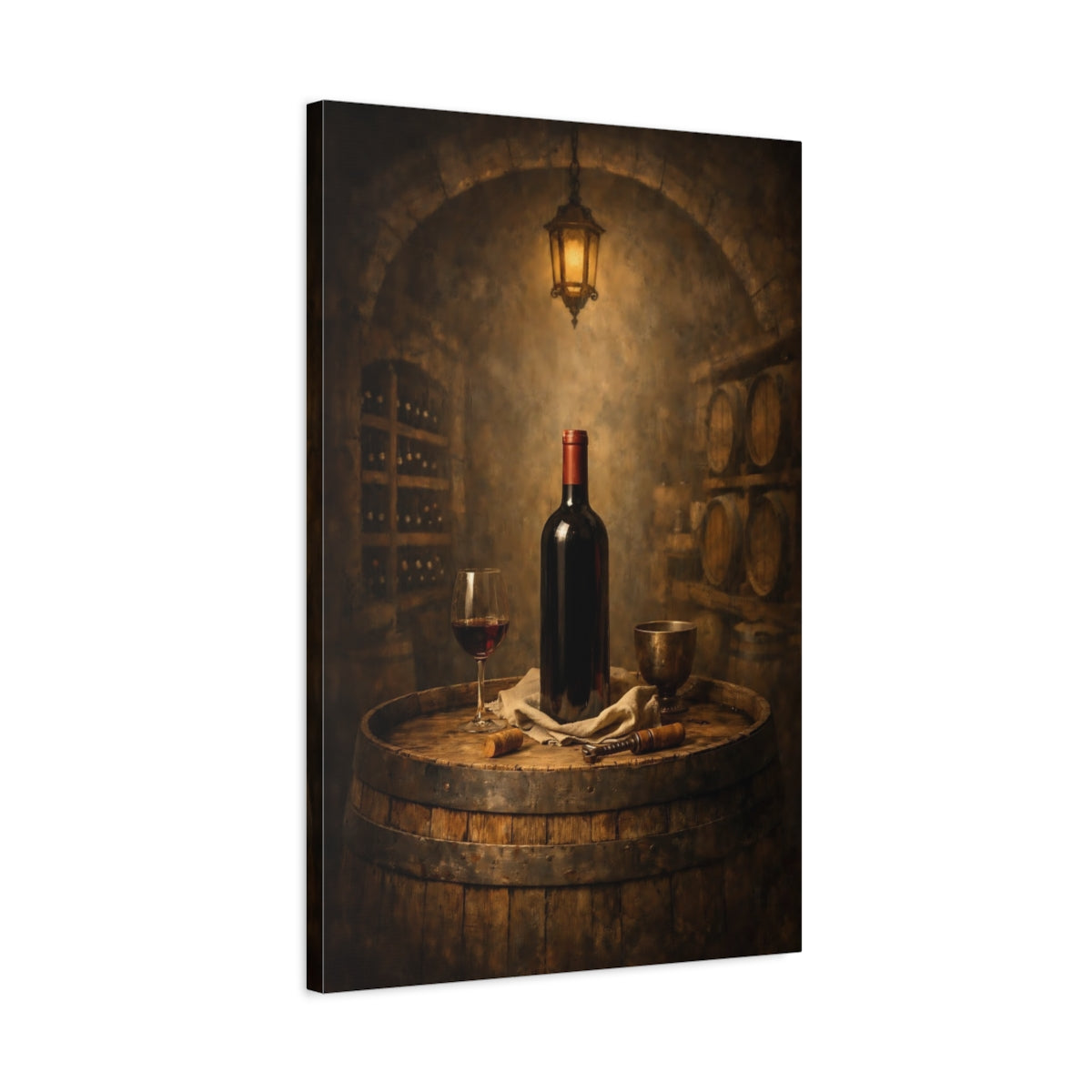 Side Mockup 2. Vintage Wine Bottle Wine Barrel shown as stretched canvas wall art
