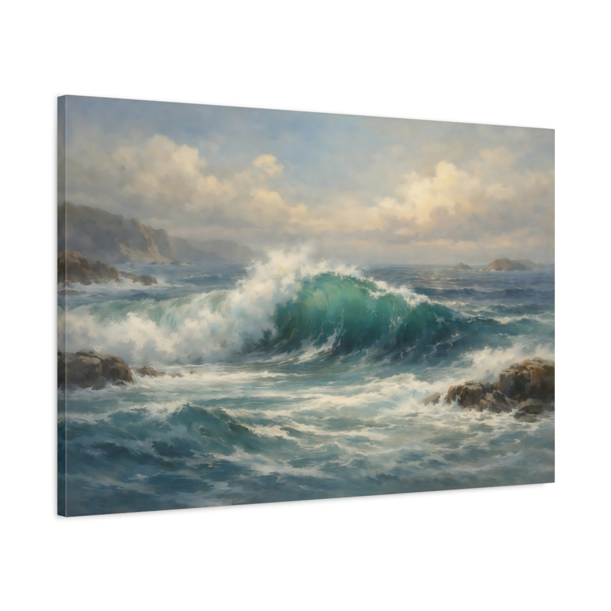 Side Mockup 1. Ethereal Ocean Map Depth Composition shown as stretched canvas wall art