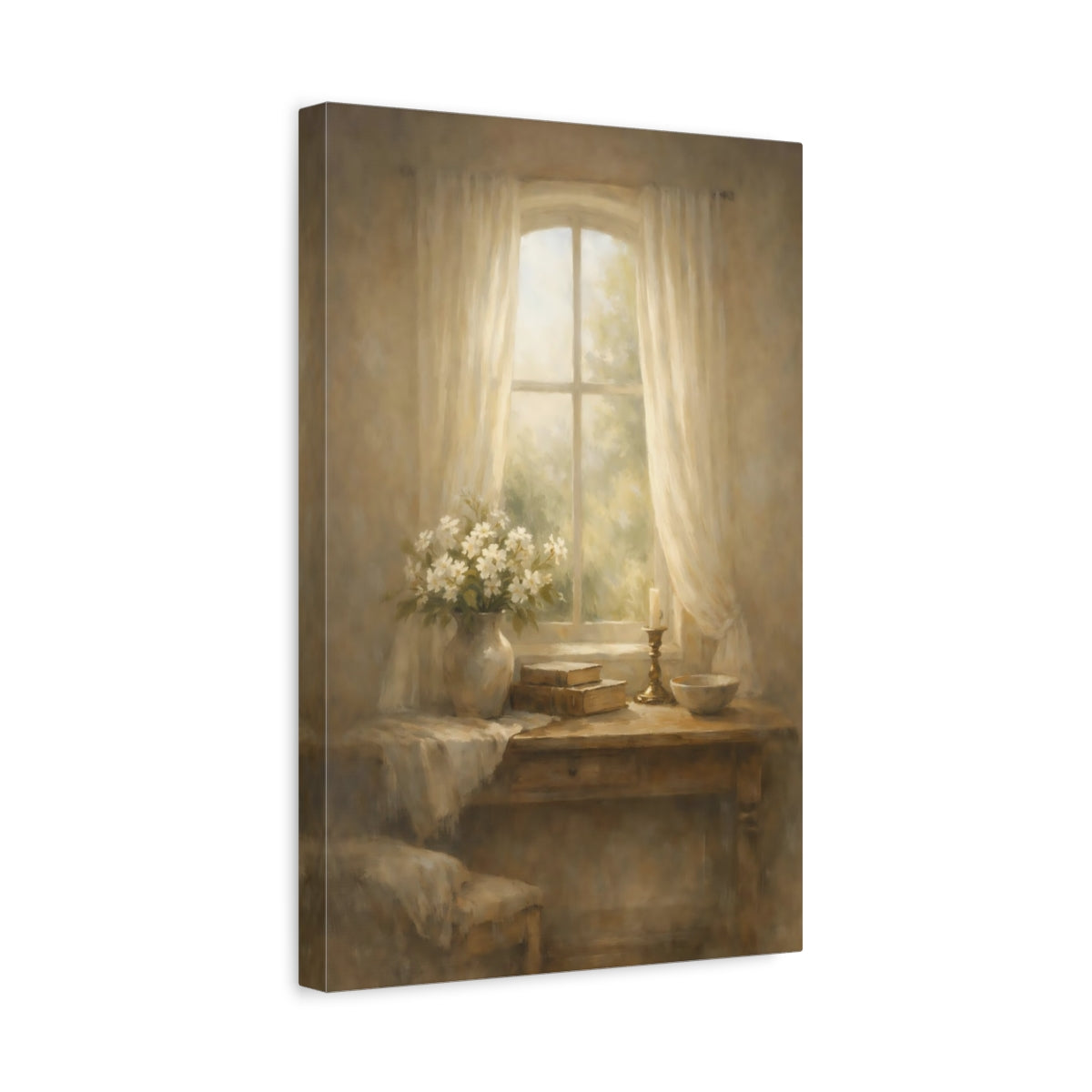 Side Mockup 4. Nature Flowers Warm Neutrals shown as stretched canvas wall art