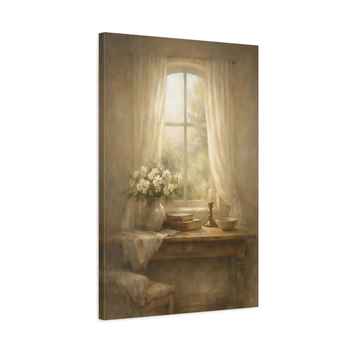 Side Mockup 2. Nature Flowers Warm Neutrals shown as stretched canvas wall art