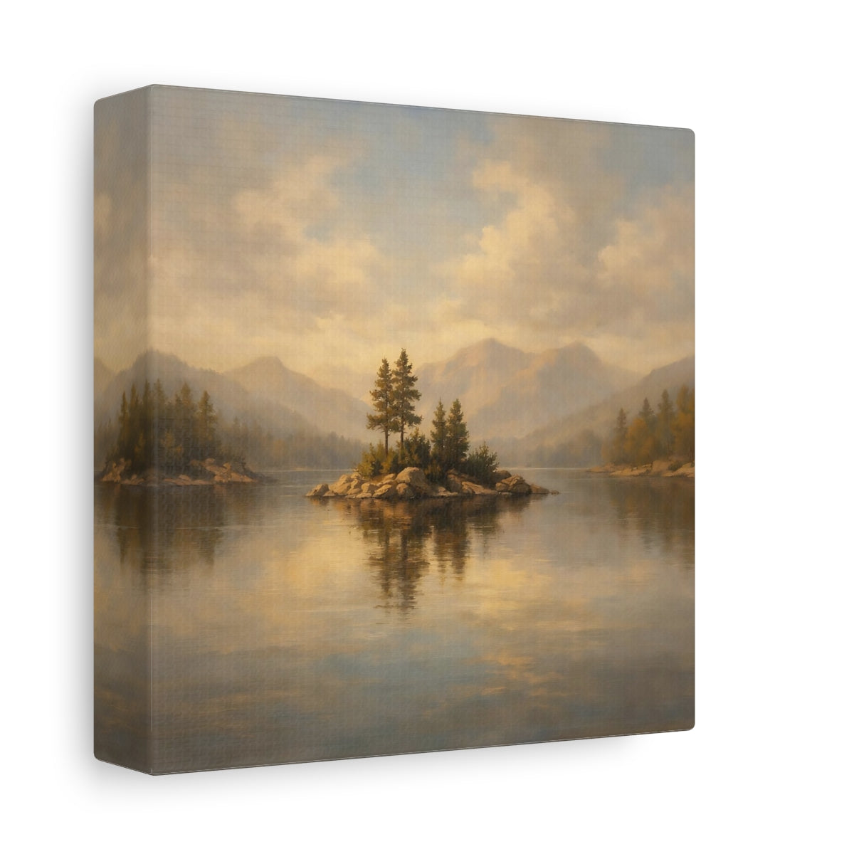 Side Mockup 1. Nature Lake Island Golden Lake Landscape shown as stretched canvas wall art
