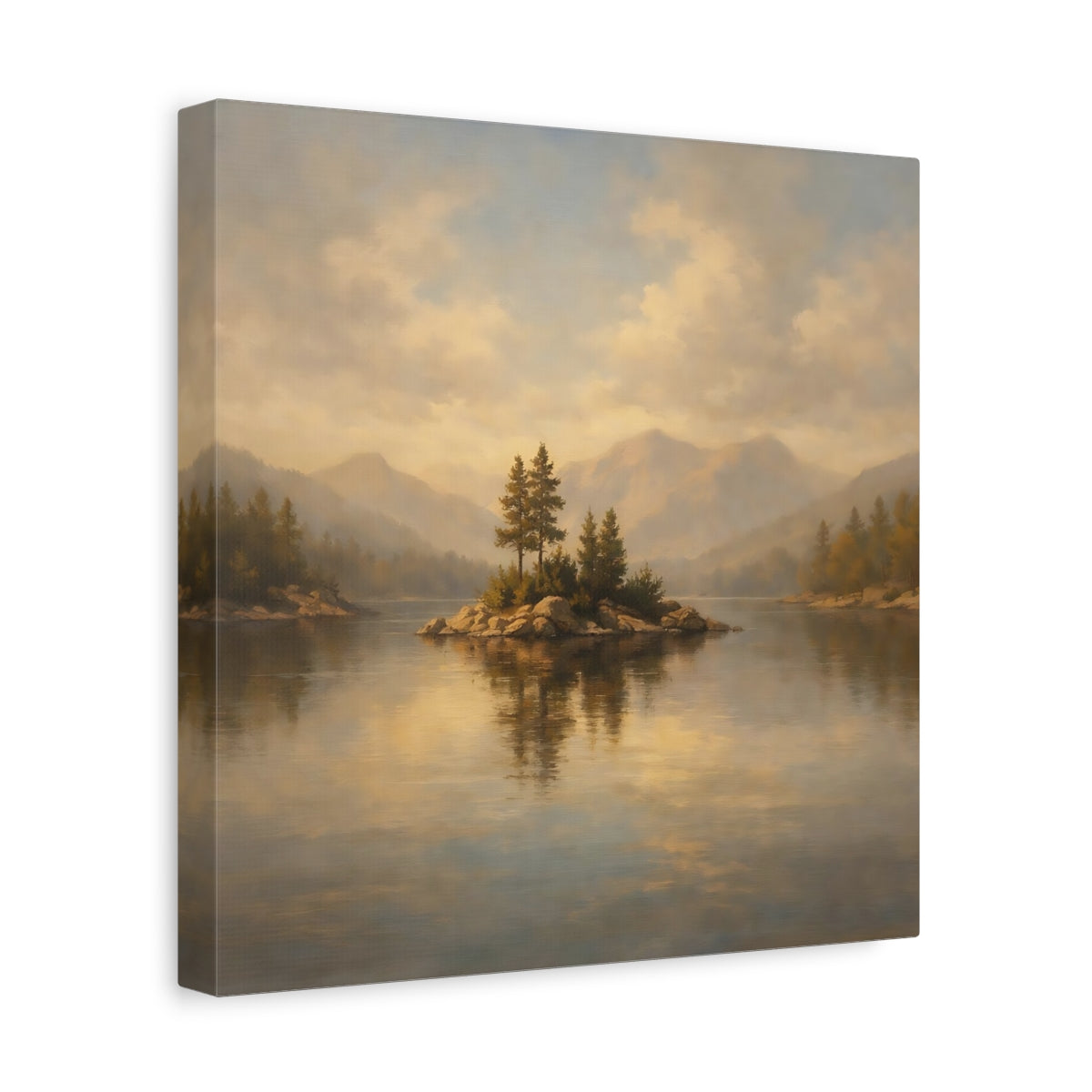 Side Mockup 8. Nature Lake Island Golden Lake Landscape shown as stretched canvas wall art