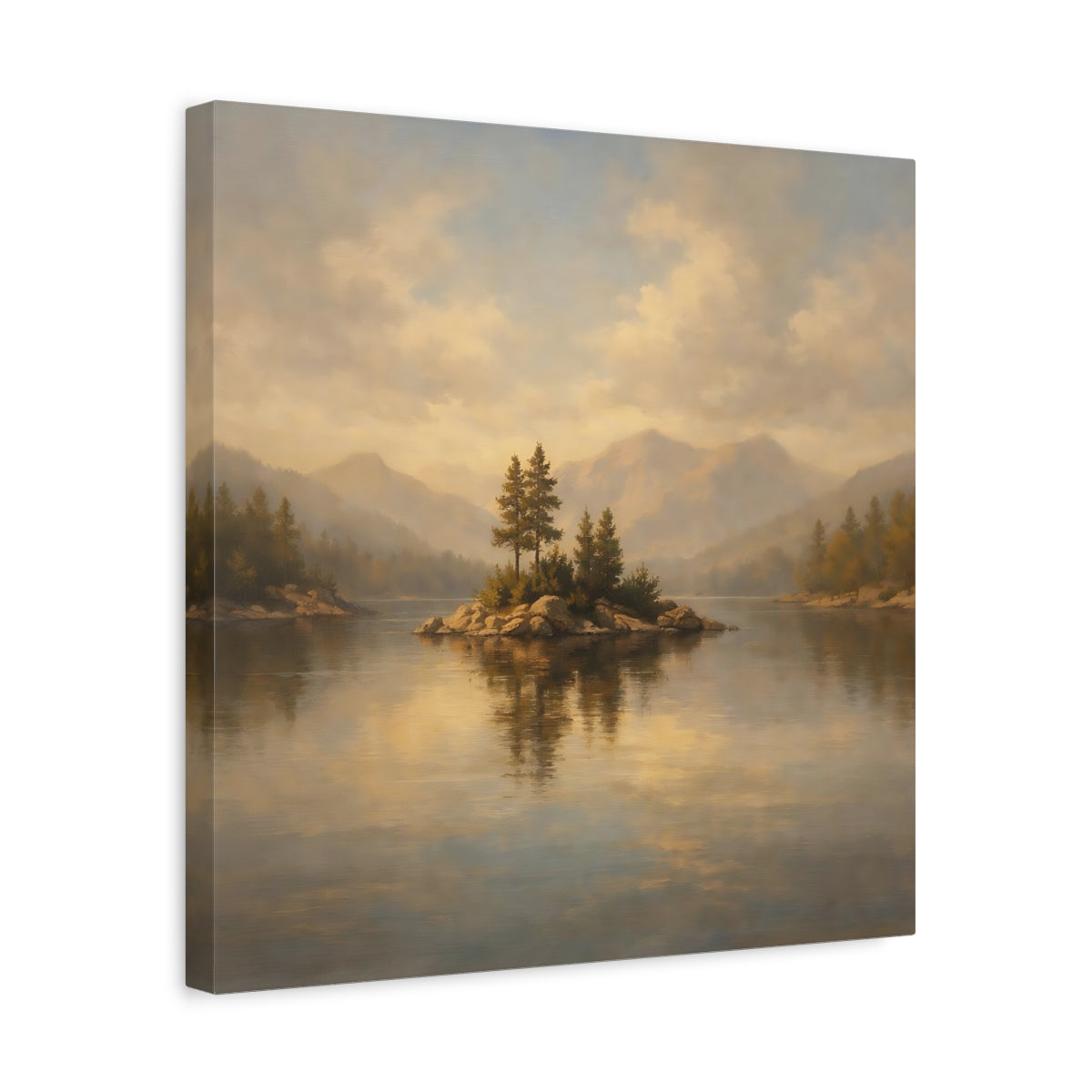 Side Mockup 6. Nature Lake Island Golden Lake Landscape shown as stretched canvas wall art