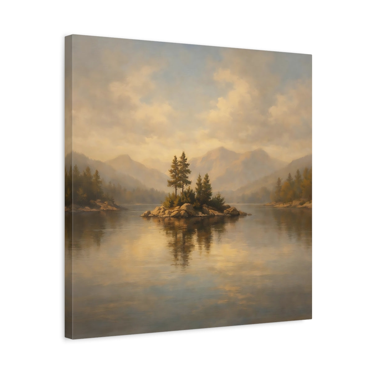 Side Mockup 5. Nature Lake Island Golden Lake Landscape shown as stretched canvas wall art