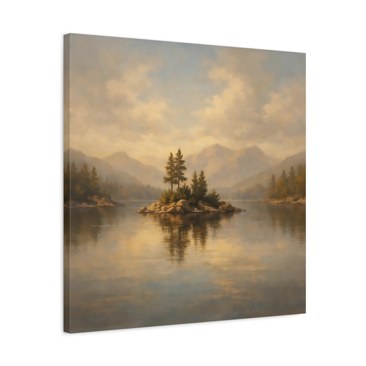Side Mockup 4. Nature Lake Island Golden Lake Landscape shown as stretched canvas wall art