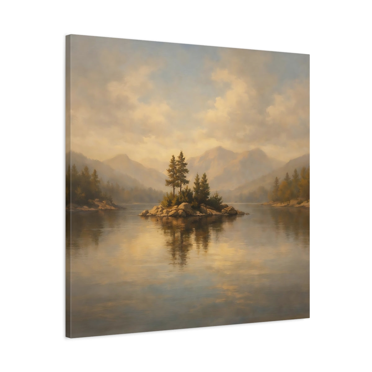 Side Mockup 3. Nature Lake Island Golden Lake Landscape shown as stretched canvas wall art