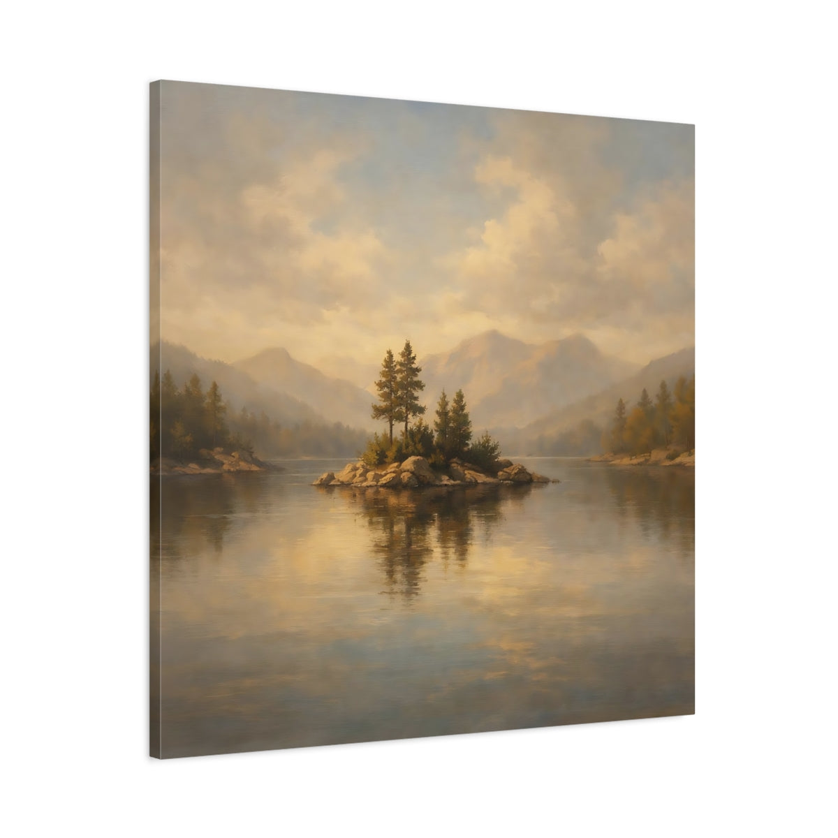 Side Mockup 2. Nature Lake Island Golden Lake Landscape shown as stretched canvas wall art