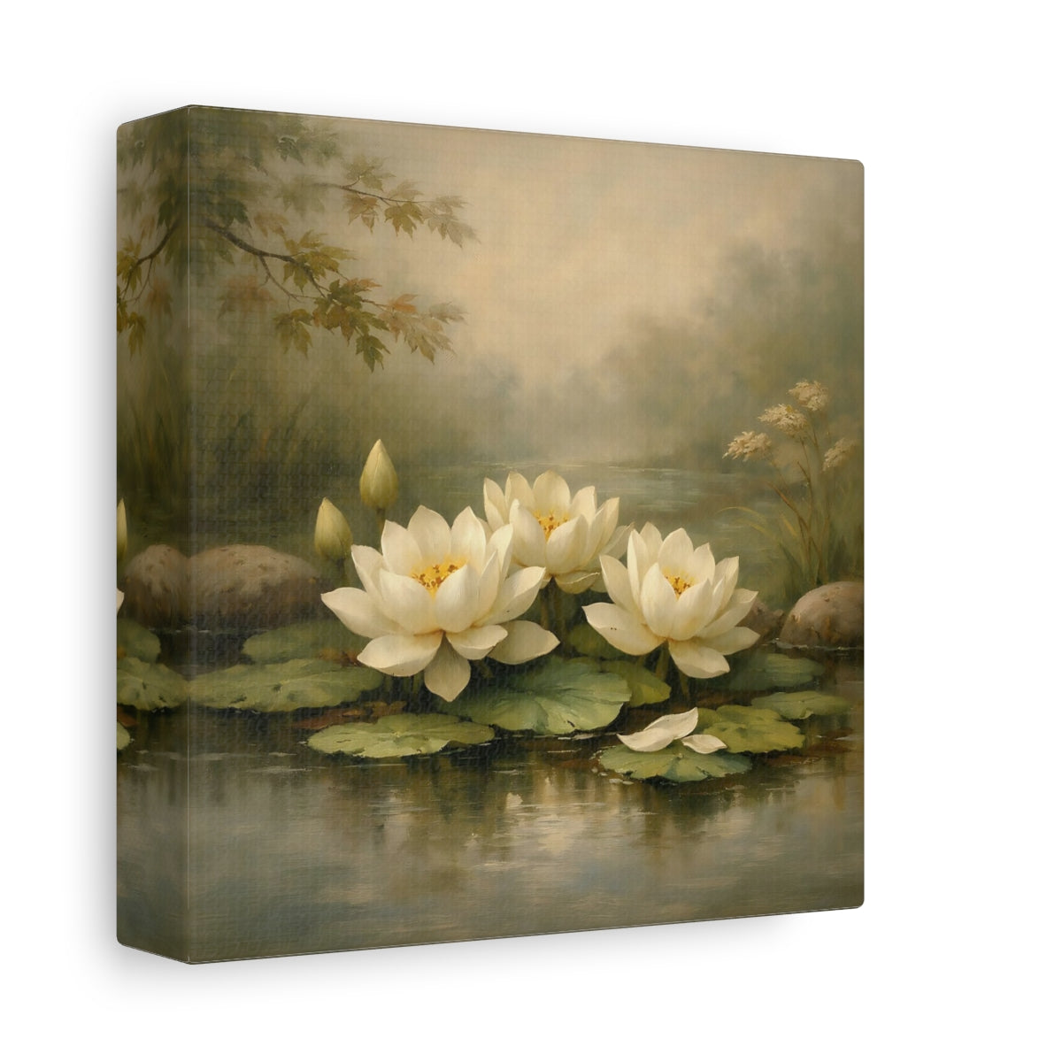 Side Mockup 1. Nature Water Lilies White Water Lilies shown as stretched canvas wall art