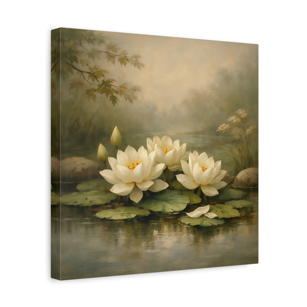 Side Mockup 7. Nature Water Lilies White Water Lilies shown as stretched canvas wall art