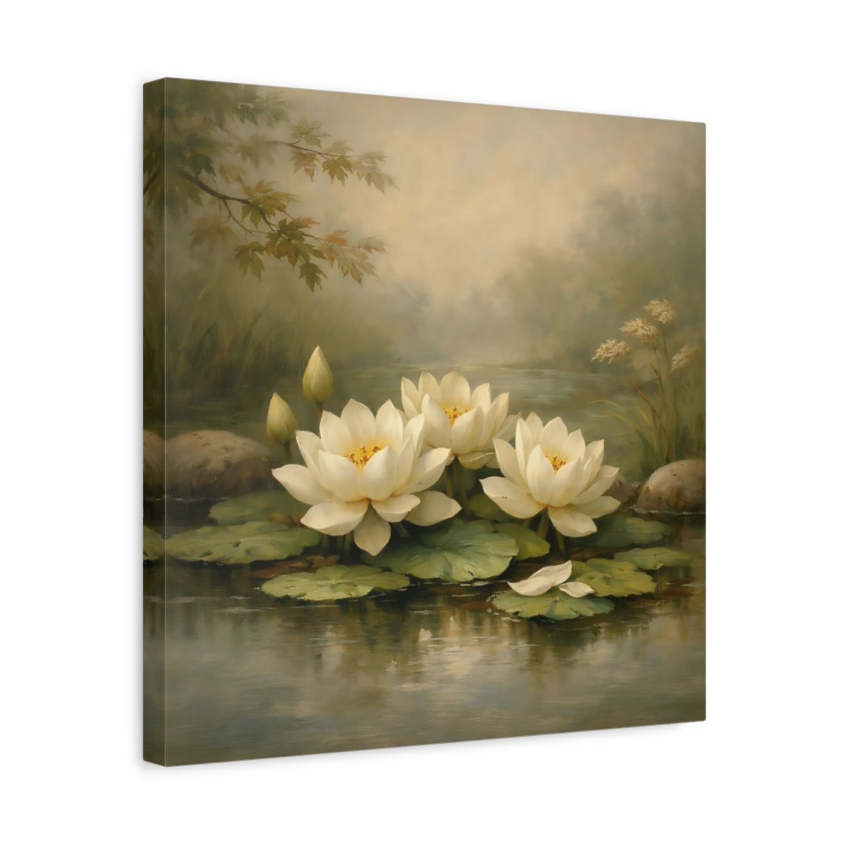 Side Mockup 6. Nature Water Lilies White Water Lilies shown as stretched canvas wall art