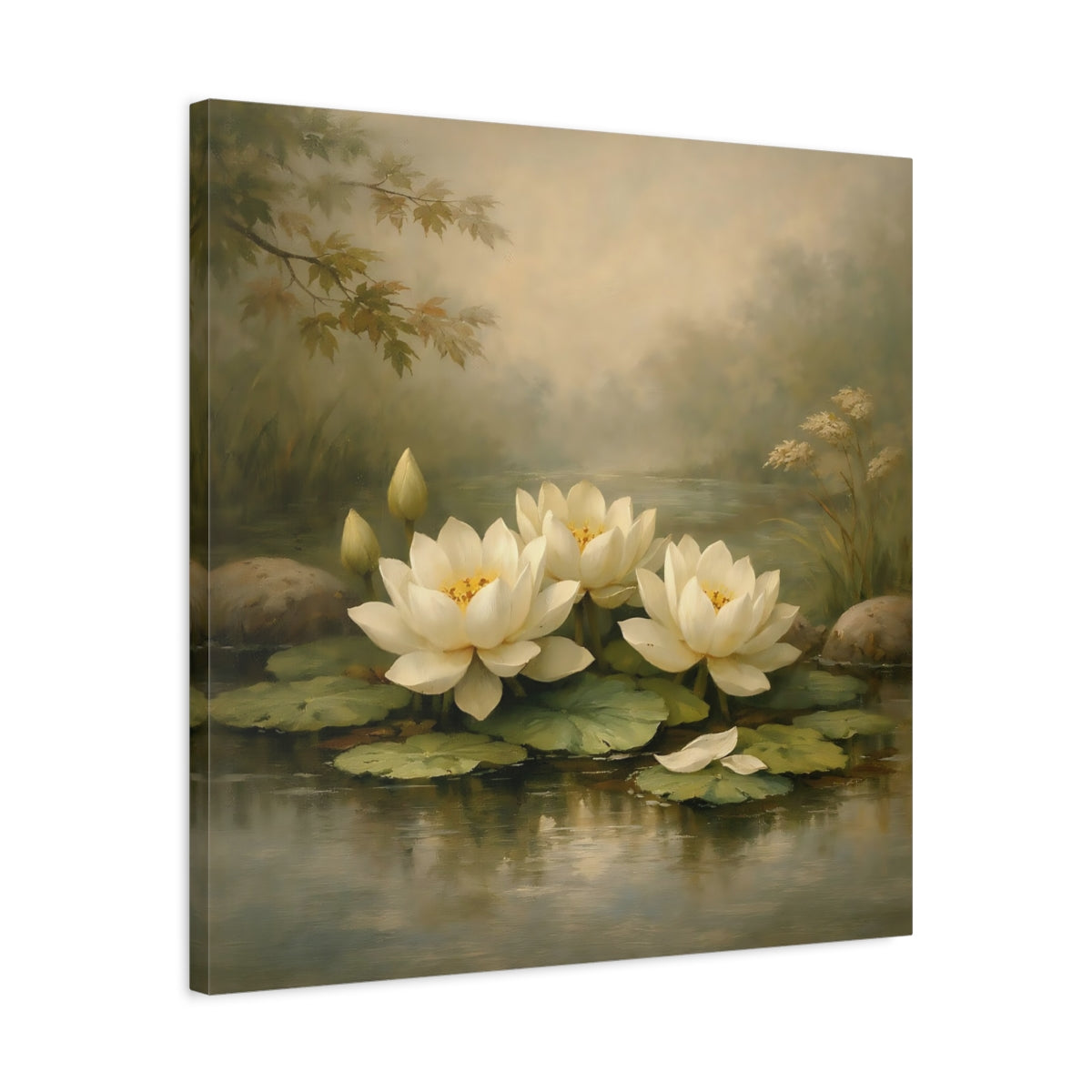 Side Mockup 4. Nature Water Lilies White Water Lilies shown as stretched canvas wall art