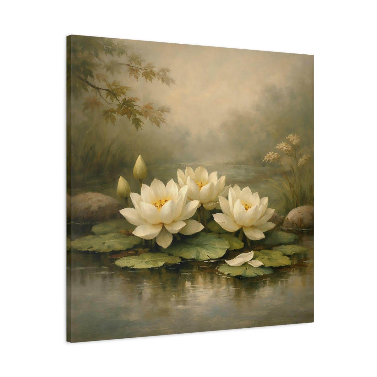 Side Mockup 3. Nature Water Lilies White Water Lilies shown as stretched canvas wall art