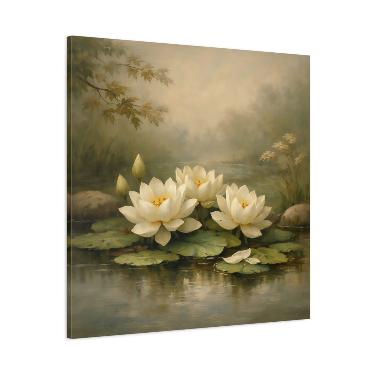 Side Mockup 2. Nature Water Lilies White Water Lilies shown as stretched canvas wall art
