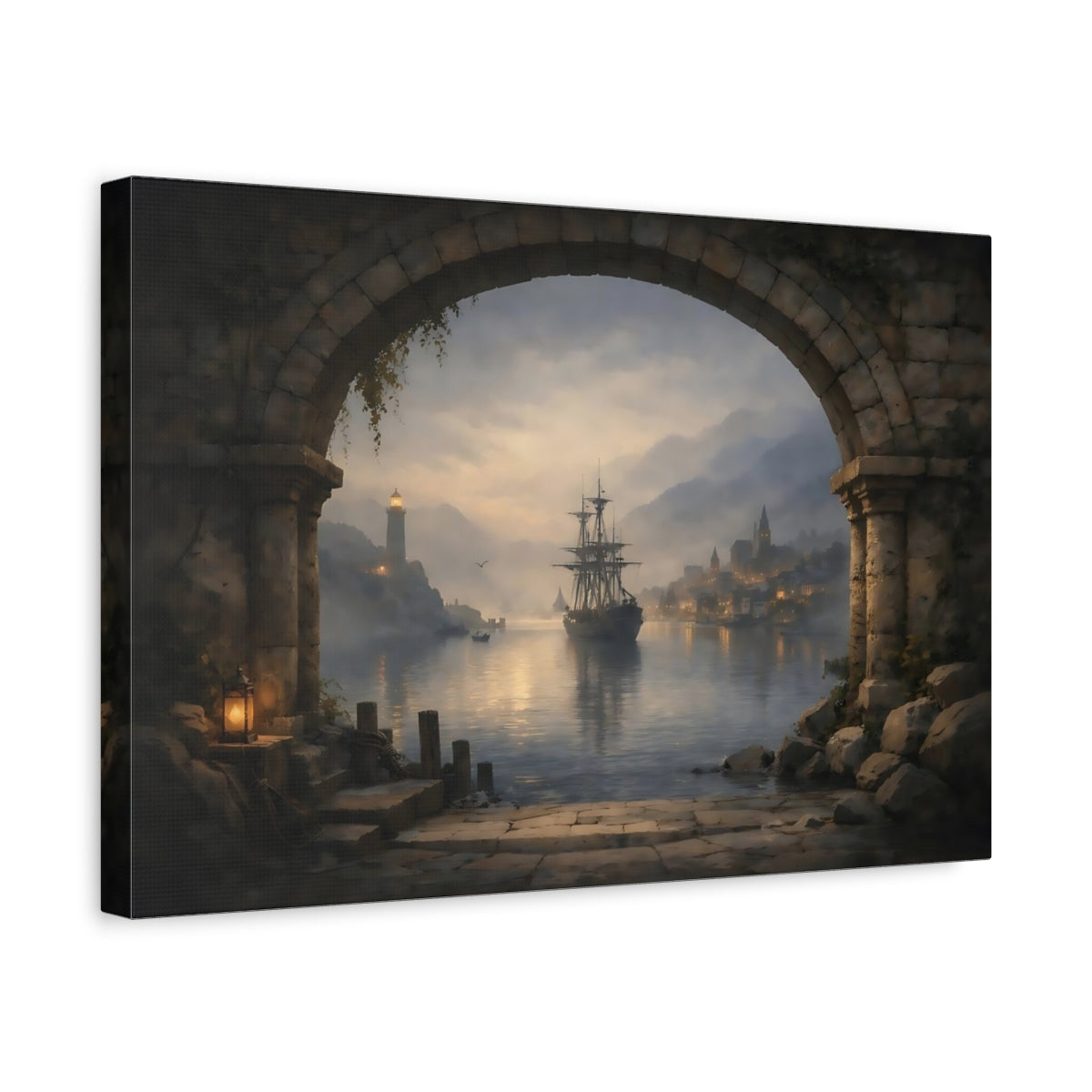 Vintage Sailing Ship Misty Coastal Port - Canvas Wall Art Print