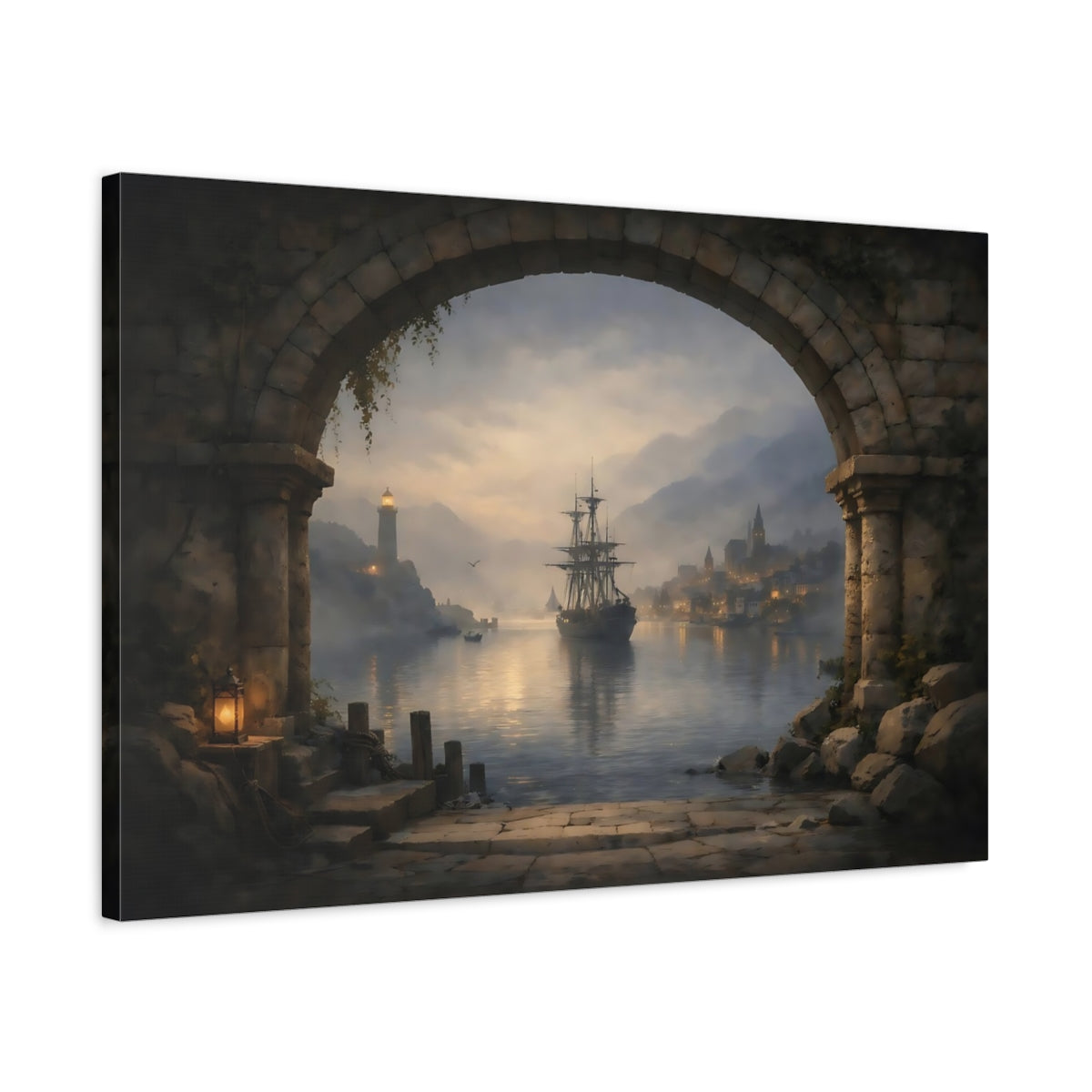 Vintage Sailing Ship Misty Coastal Port - Canvas Wall Art Print