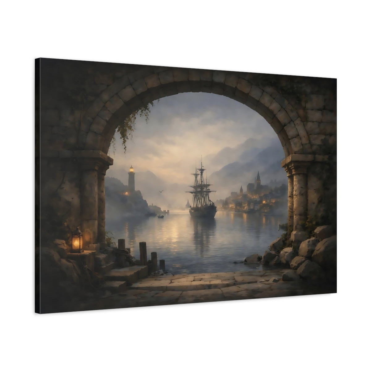 Vintage Sailing Ship Misty Coastal Port - Canvas Wall Art Print