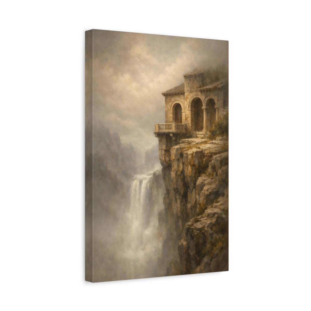 Side Mockup 4. Nature Cliffside Building Earthy Tones Landscape shown as stretched canvas wall art
