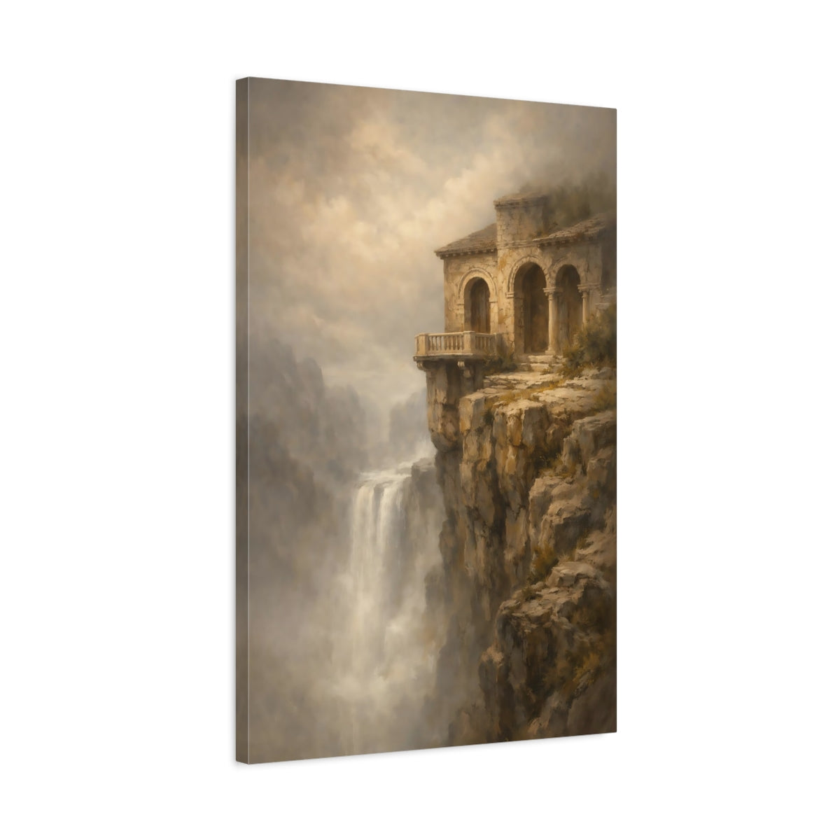 Side Mockup 2. Nature Cliffside Building Earthy Tones Landscape shown as stretched canvas wall art