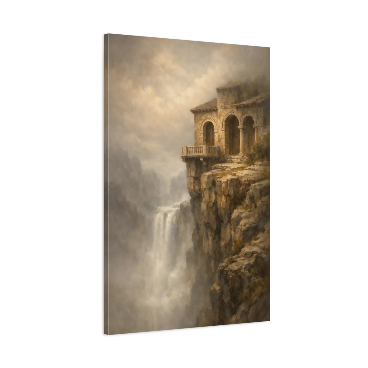 Side Mockup 1. Nature Cliffside Building Earthy Tones Landscape shown as stretched canvas wall art