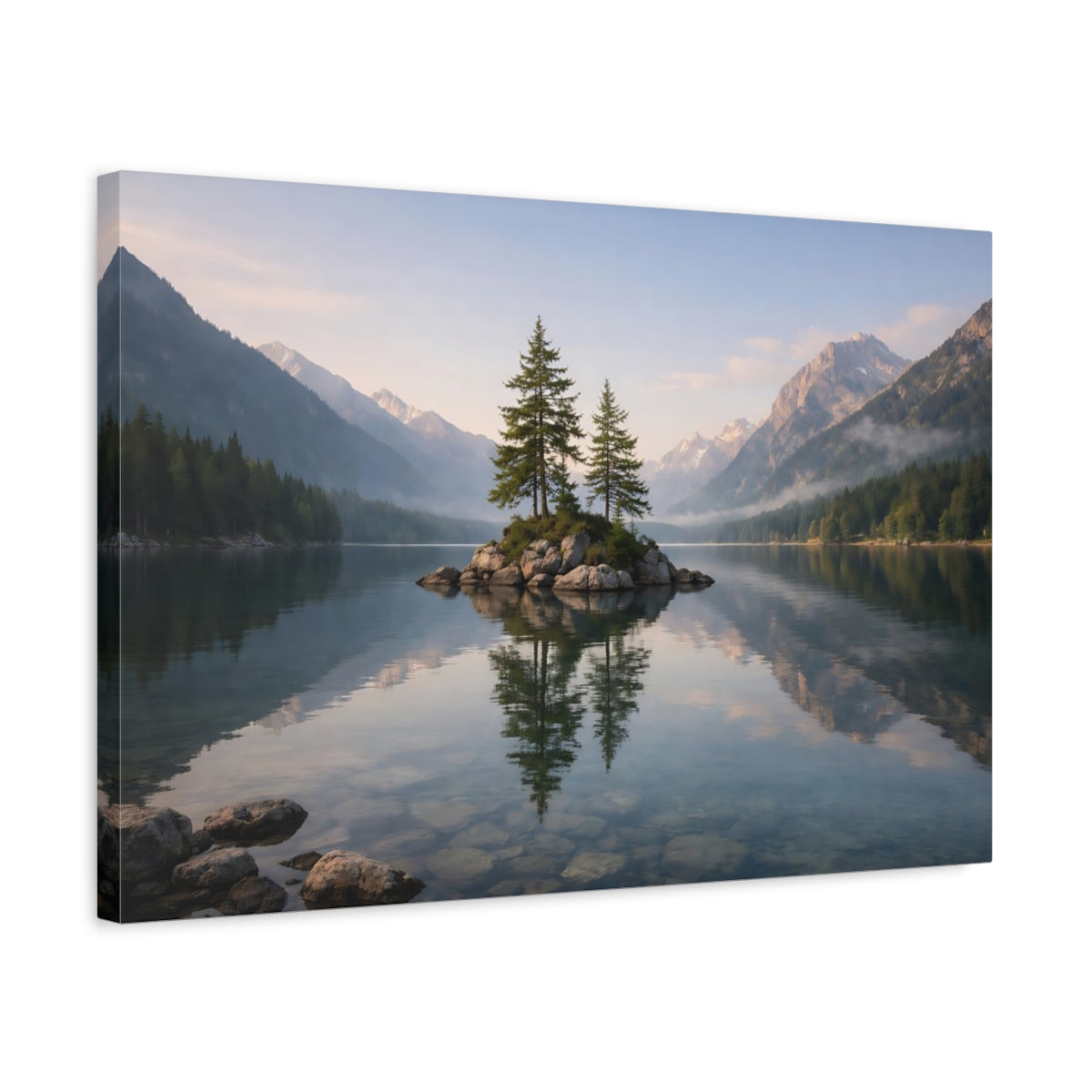 Contemporary Alpine Lake Island Nature - Canvas Wall Art Print