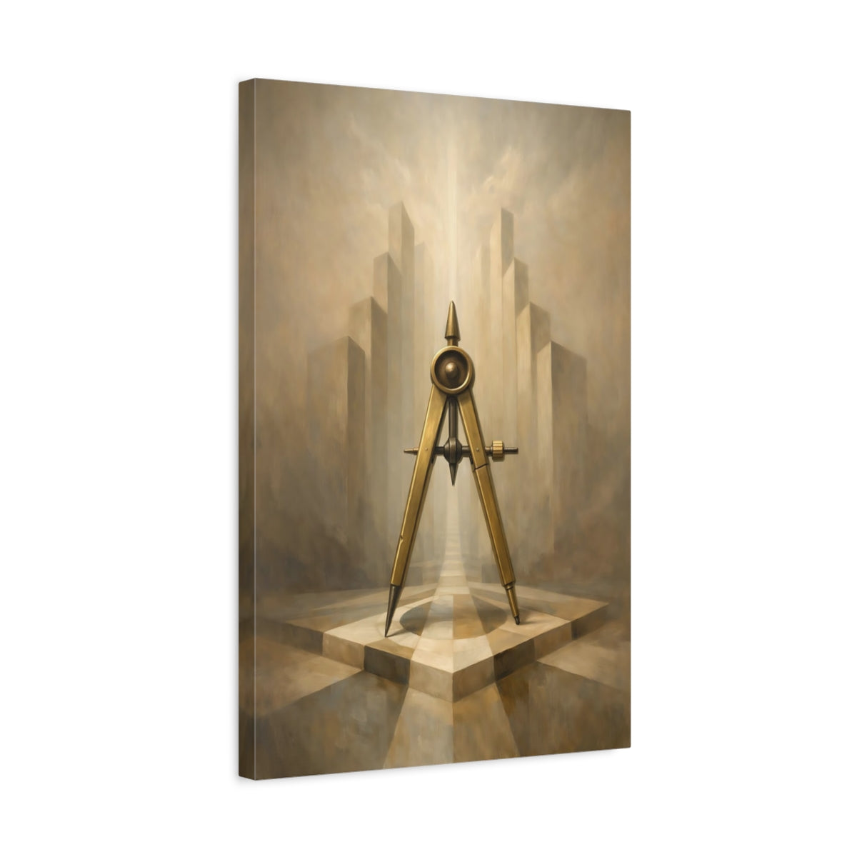 Side Mockup 3. Abstract Compass Brown And Gold shown as stretched canvas wall art