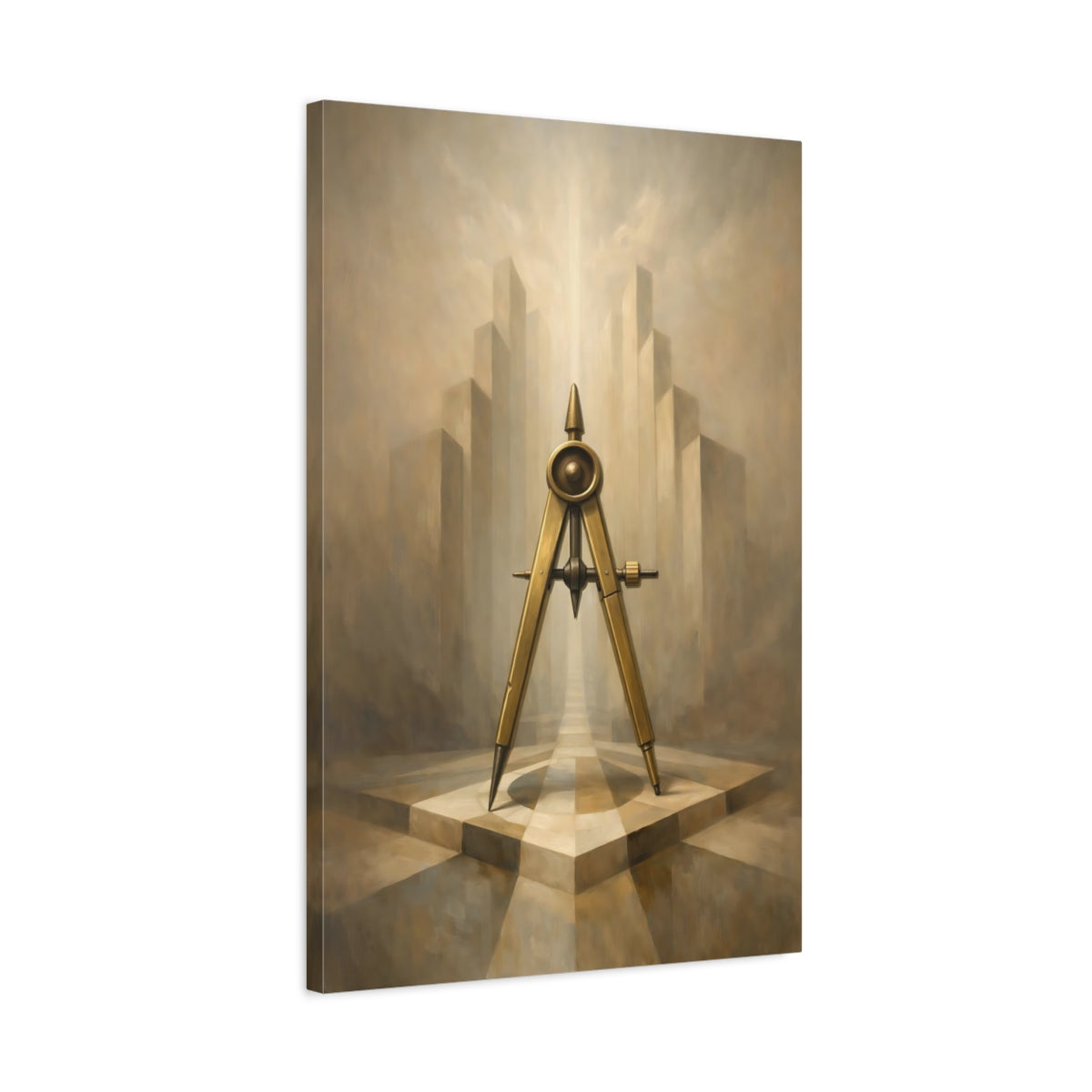 Side Mockup 2. Abstract Compass Brown And Gold shown as stretched canvas wall art