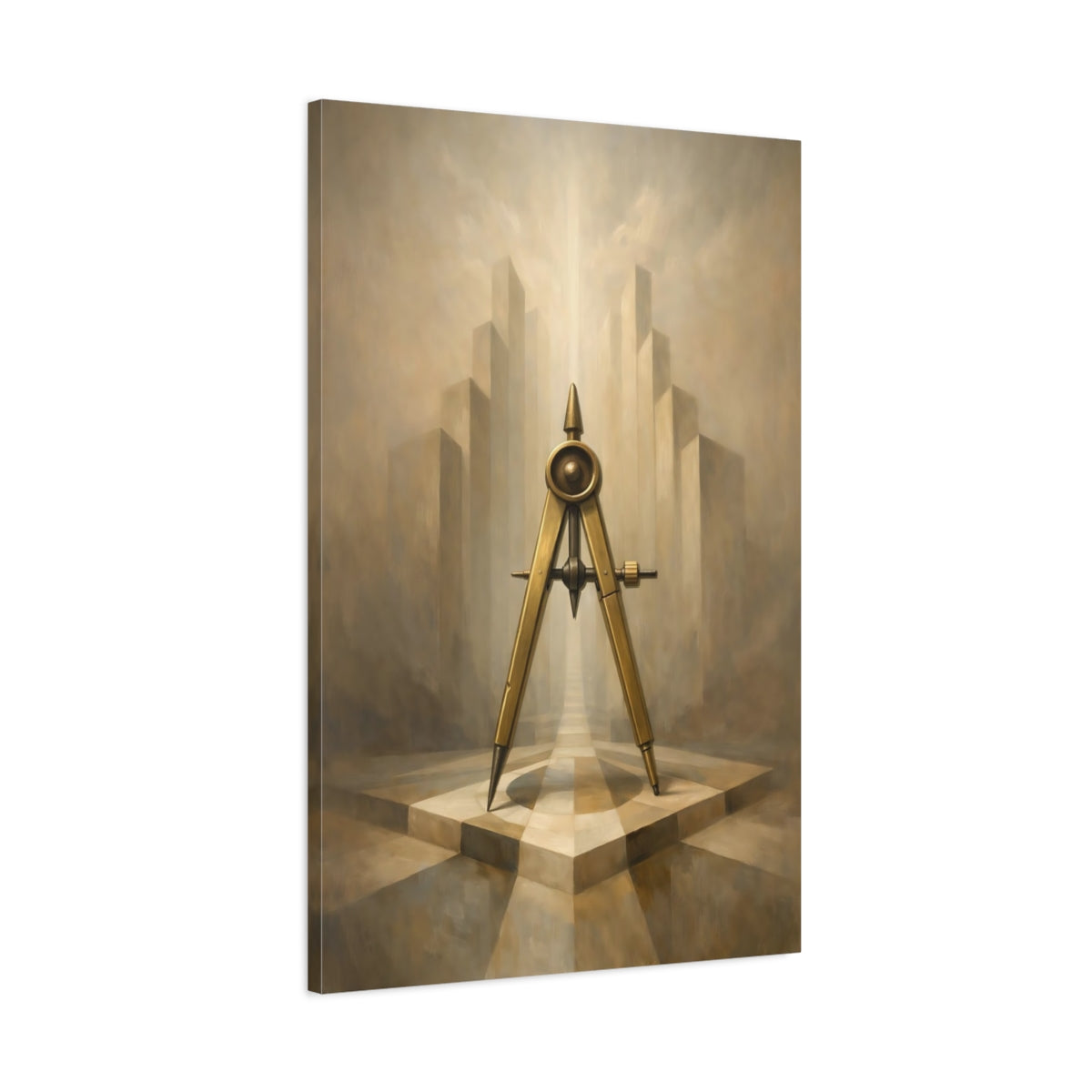 Side Mockup 1. Abstract Compass Brown And Gold shown as stretched canvas wall art