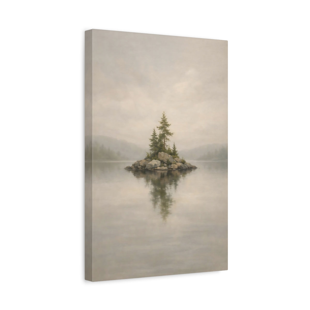 Side Mockup 4. Nature Pine Island Misty Island shown as stretched canvas wall art