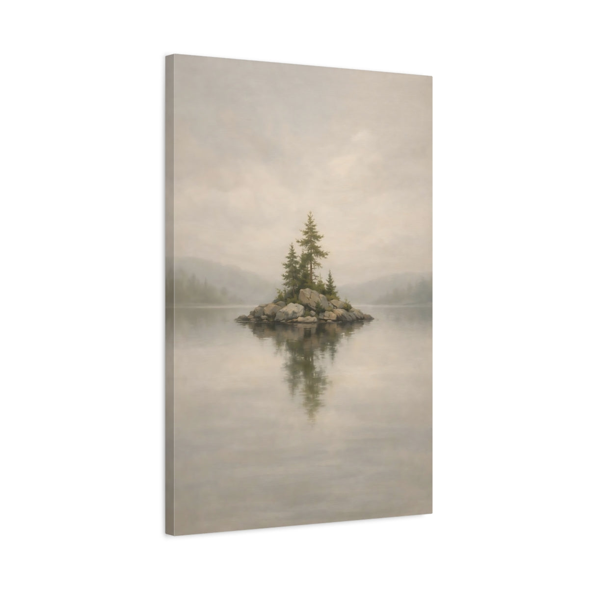 Side Mockup 2. Nature Pine Island Misty Island shown as stretched canvas wall art