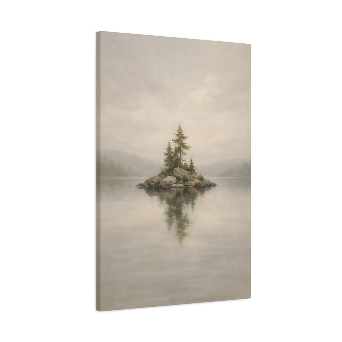 Side Mockup 1. Nature Pine Island Misty Island shown as stretched canvas wall art
