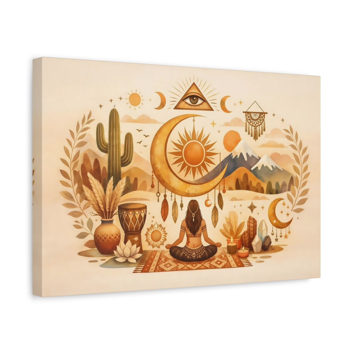 Boho Cultural Symbols Meditating Figure Nature - Canvas Wall Art Print