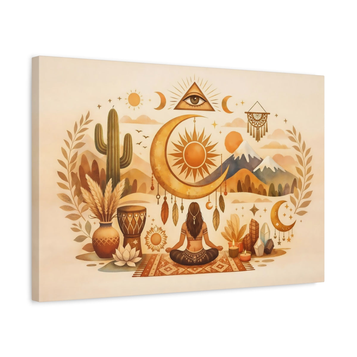 Boho Cultural Symbols Meditating Figure Nature - Canvas Wall Art Print