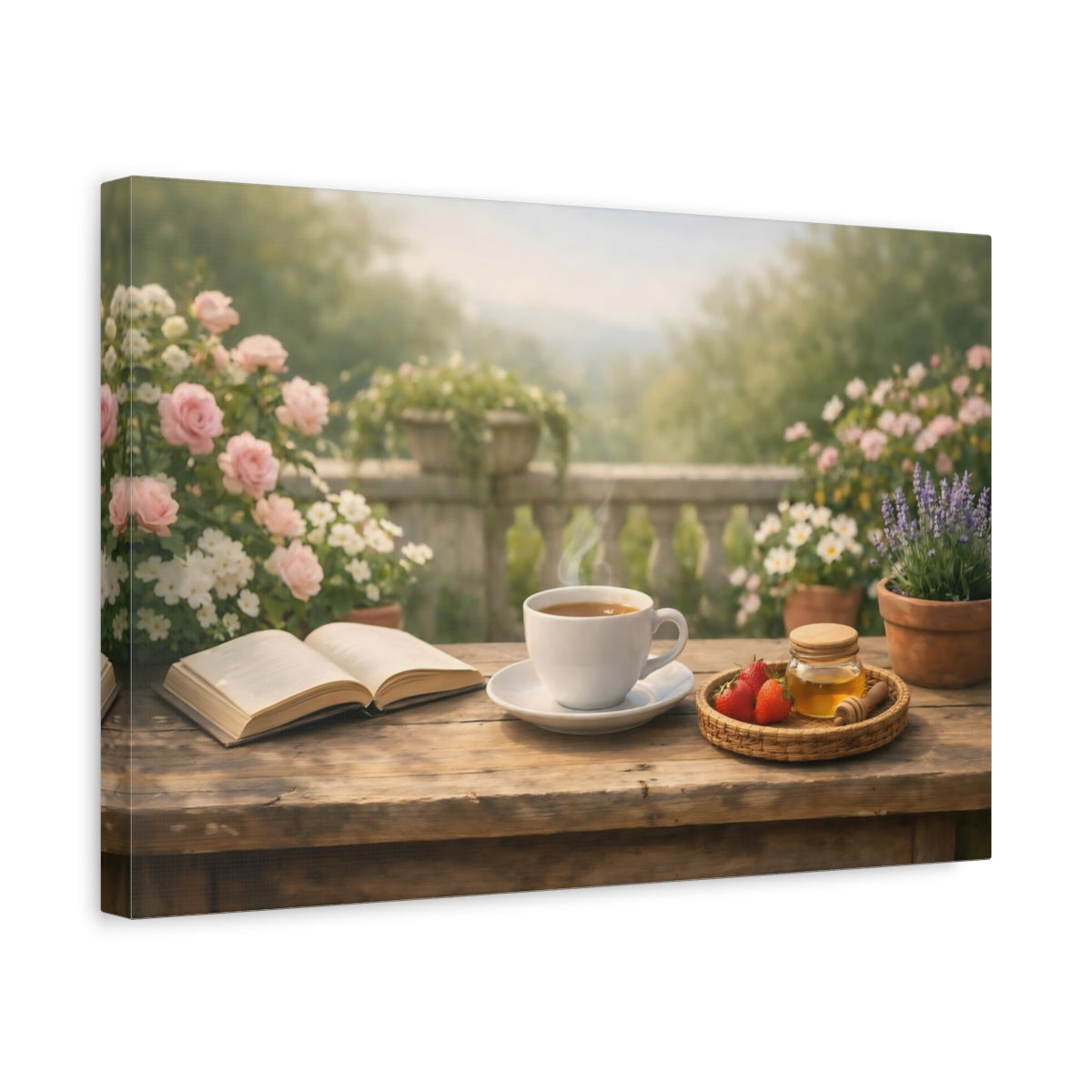 Soft Matte Garden Terrace Morning Coffee Floral - Canvas Wall Art Print