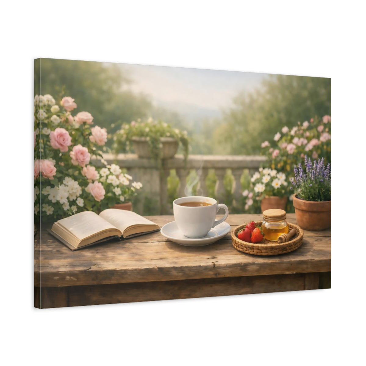 Soft Matte Garden Terrace Morning Coffee Floral - Canvas Wall Art Print