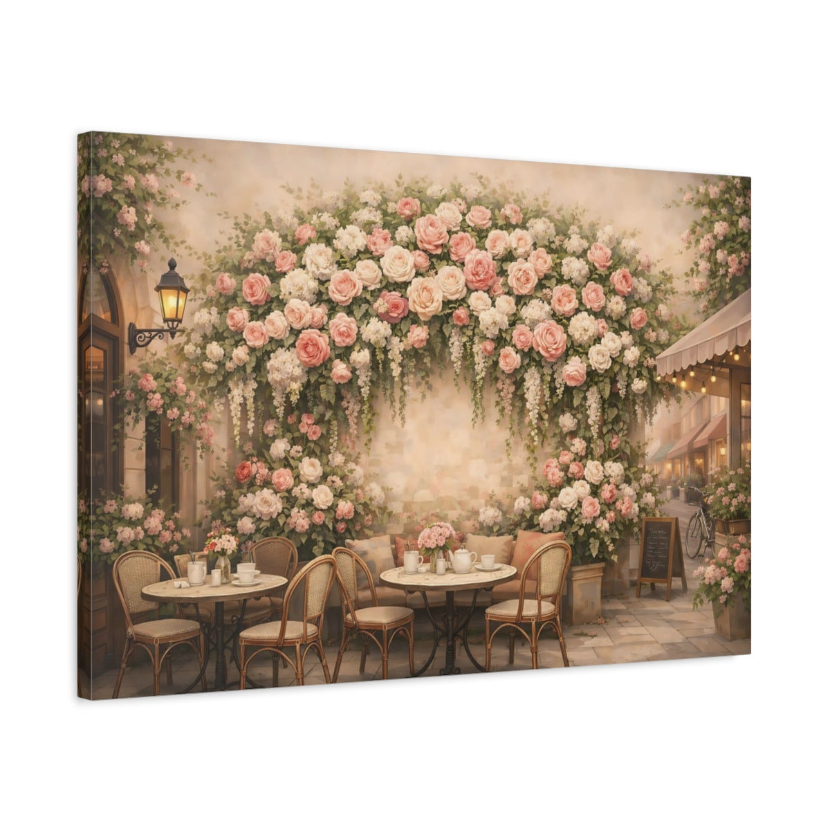 Floral Romantic Cafe Street Pink Roses - Canvas Wall Art Print