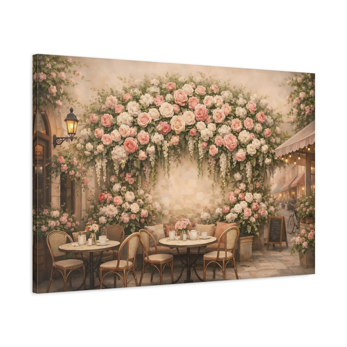 Floral Romantic Cafe Street Pink Roses - Canvas Wall Art Print