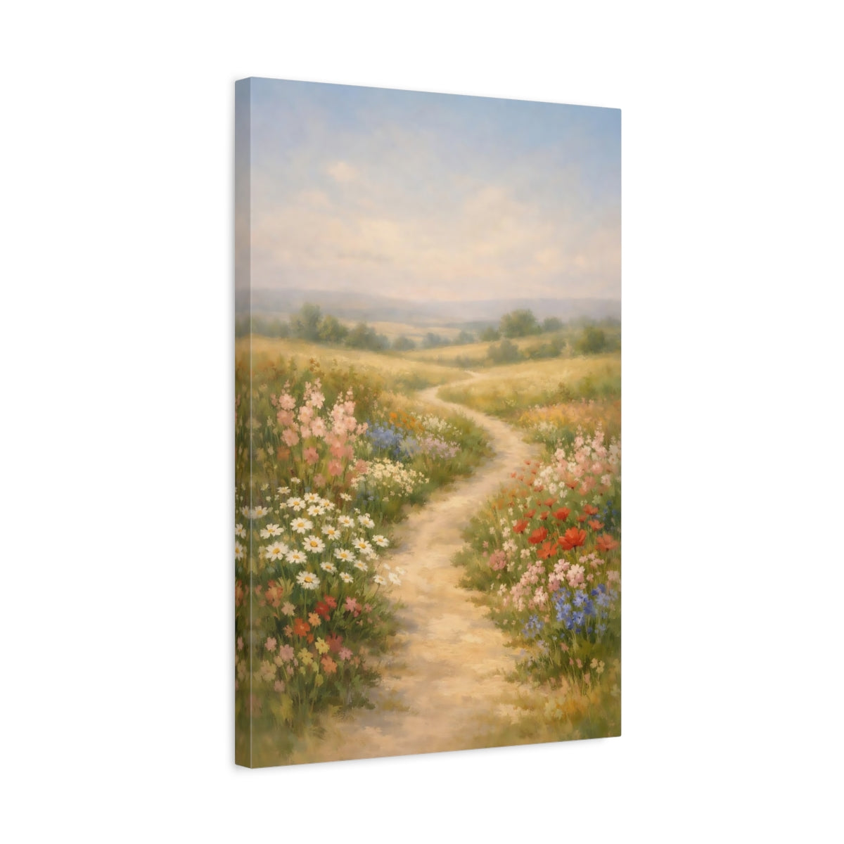 Side Mockup 3. Nature Wildflower Meadow Pastel Meadow shown as stretched canvas wall art