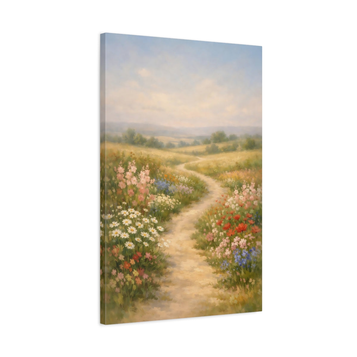 Side Mockup 2. Nature Wildflower Meadow Pastel Meadow shown as stretched canvas wall art