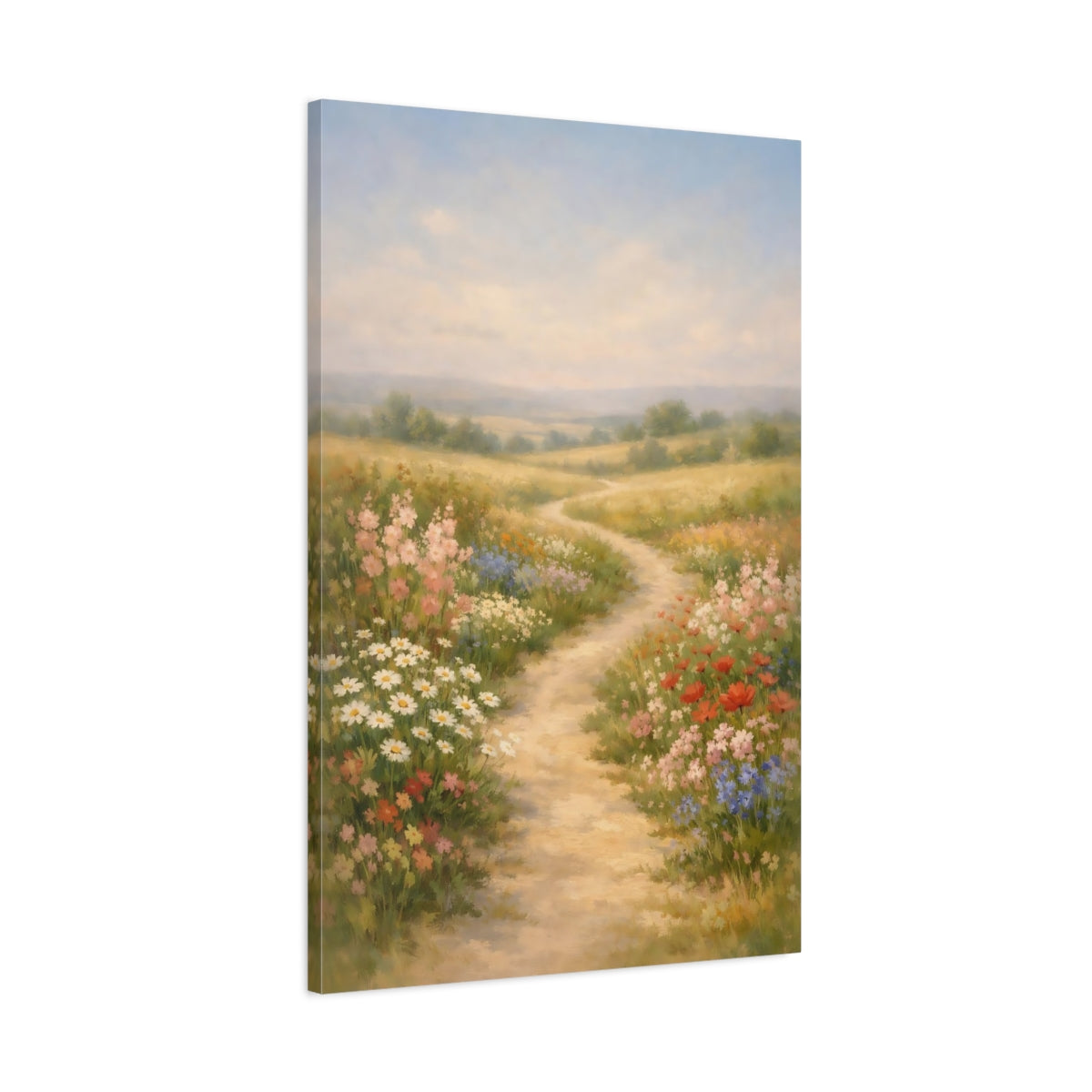 Side Mockup 1. Nature Wildflower Meadow Pastel Meadow shown as stretched canvas wall art