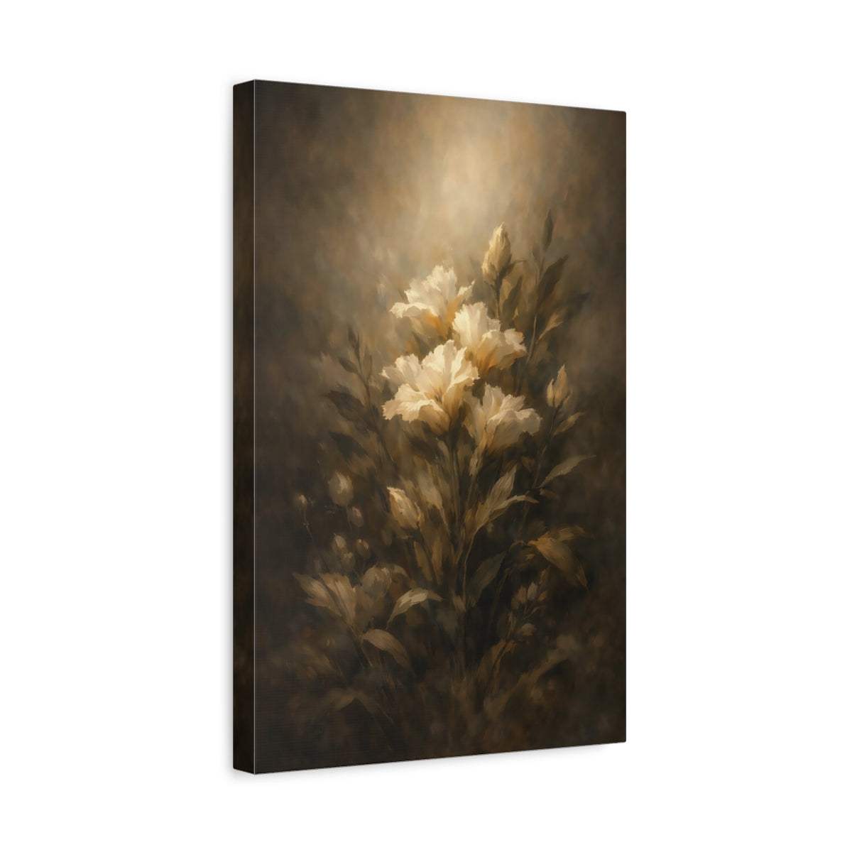 Side Mockup 4. Floral White Flowers Dark Floral Art shown as stretched canvas wall art