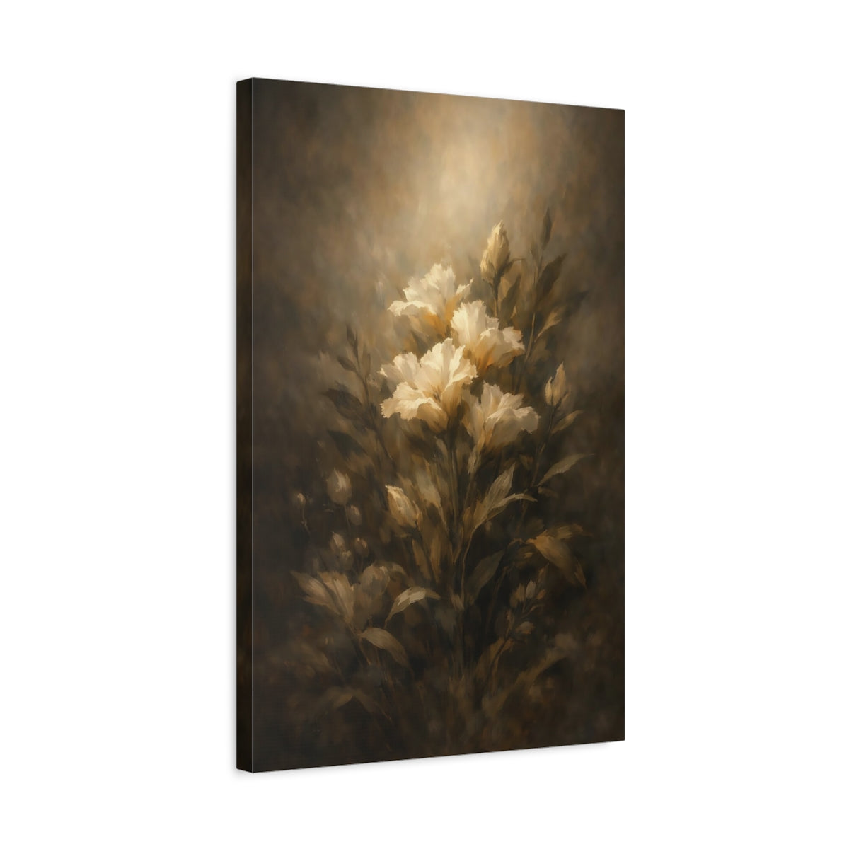 Side Mockup 3. Floral White Flowers Dark Floral Art shown as stretched canvas wall art