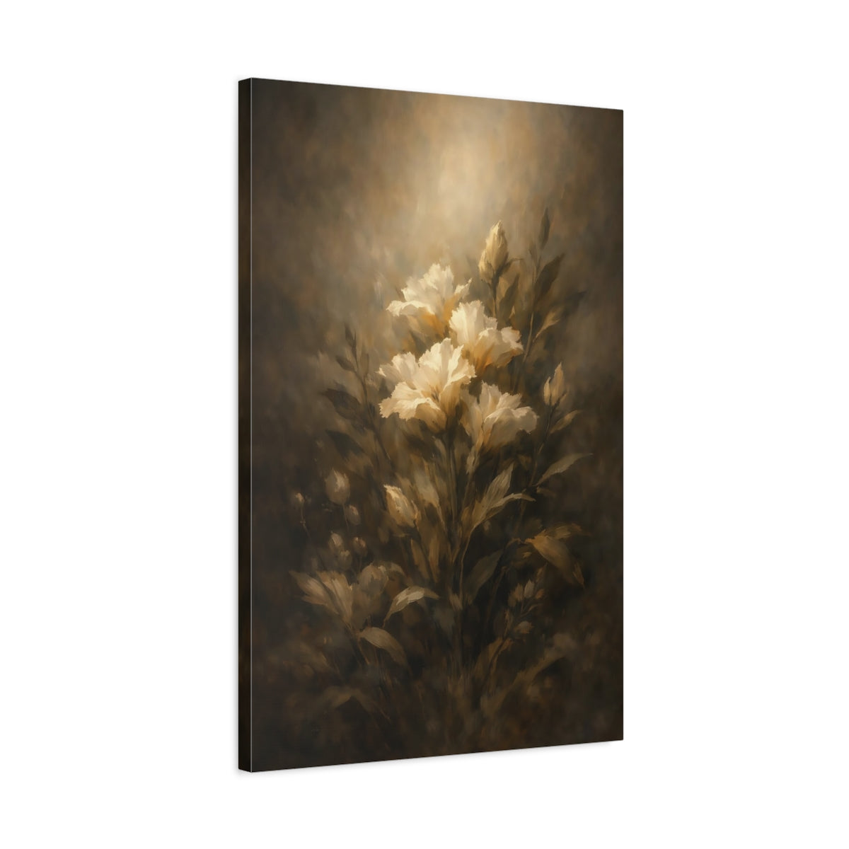Side Mockup 2. Floral White Flowers Dark Floral Art shown as stretched canvas wall art