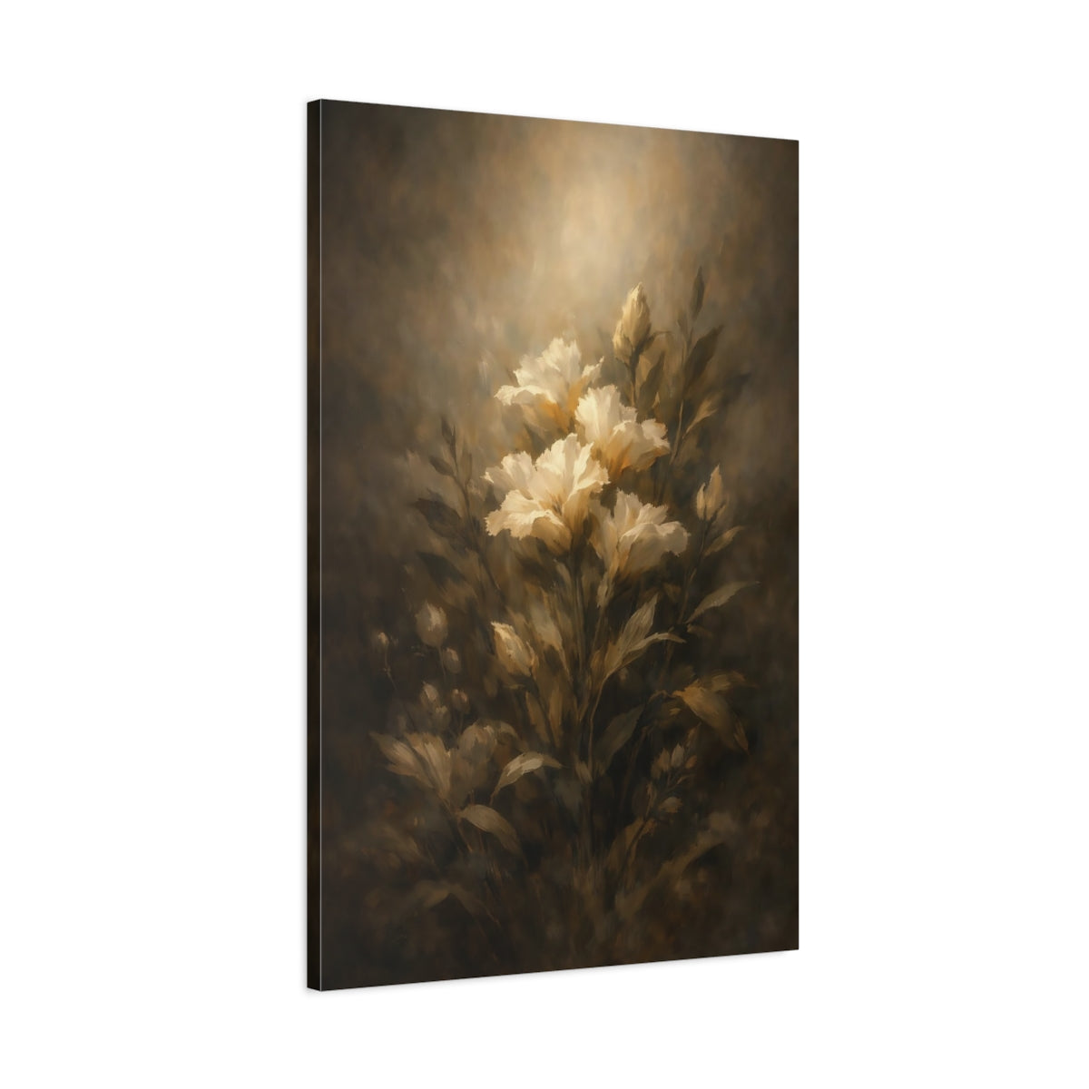 Side Mockup 1. Floral White Flowers Dark Floral Art shown as stretched canvas wall art