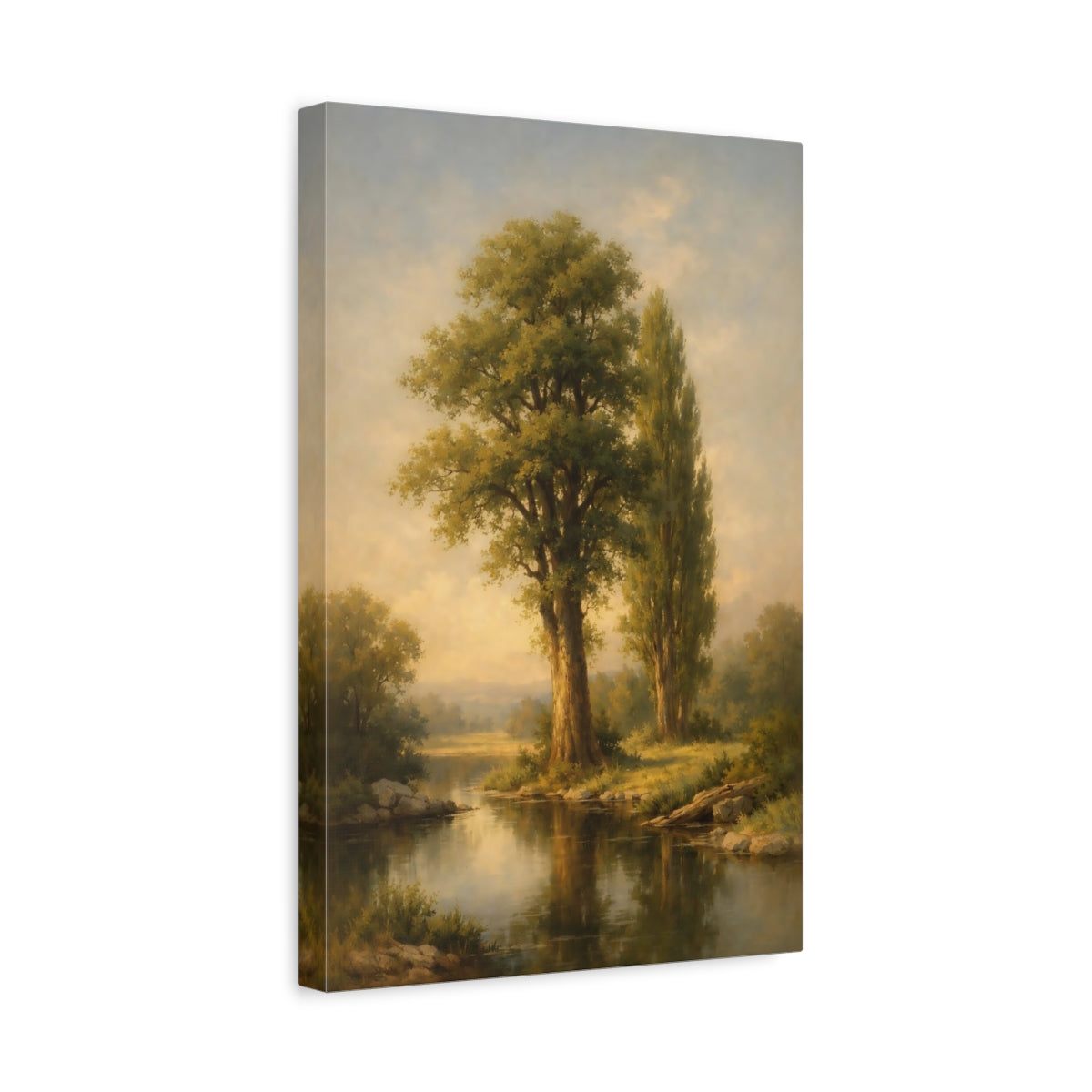 Side Mockup 4. Nature River Trees Green Nature Landscape shown as stretched canvas wall art
