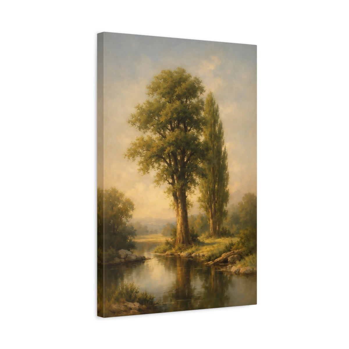 Side Mockup 3. Nature River Trees Green Nature Landscape shown as stretched canvas wall art