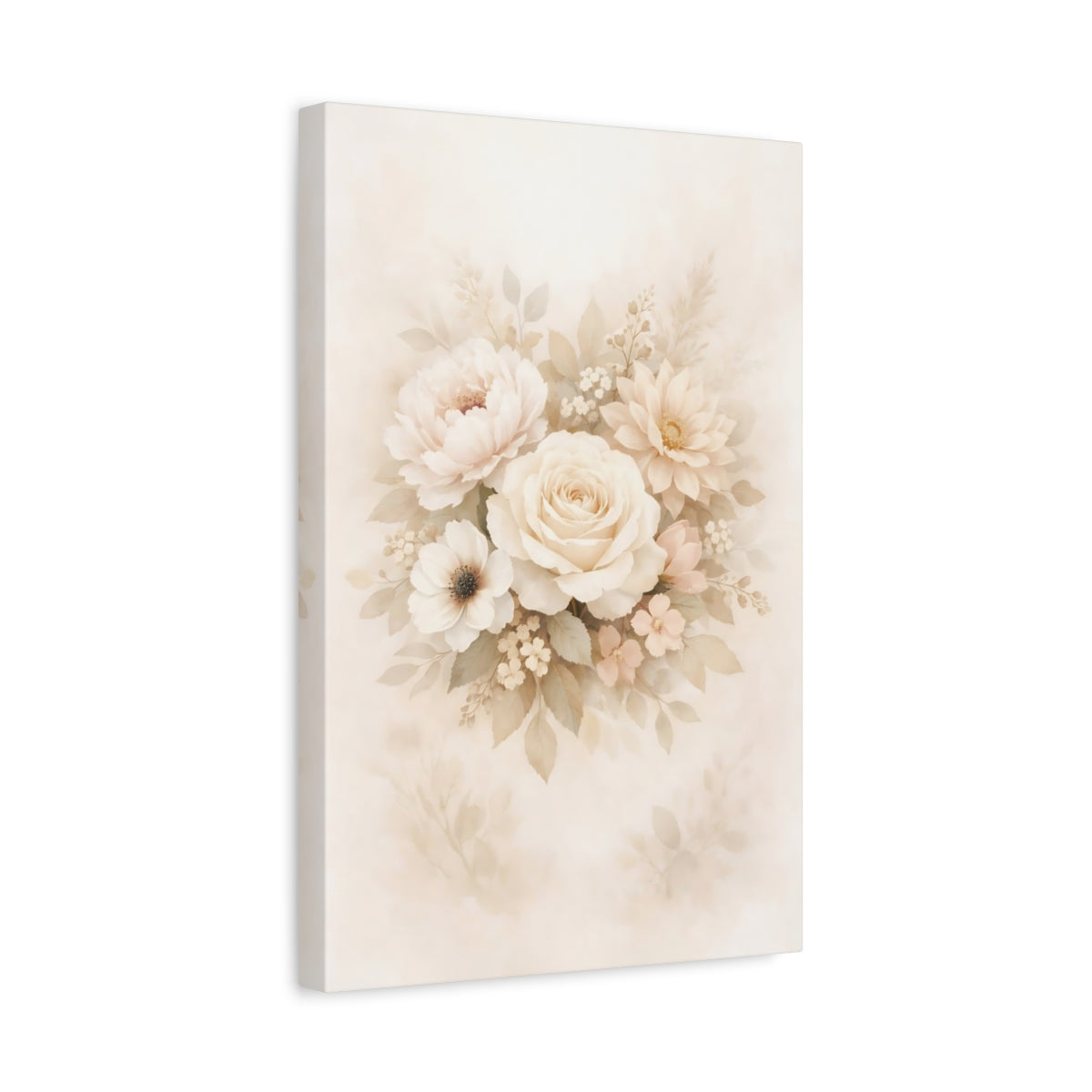 Side Mockup 4. Floral Floral Bouquet Beige And Peach shown as stretched canvas wall art